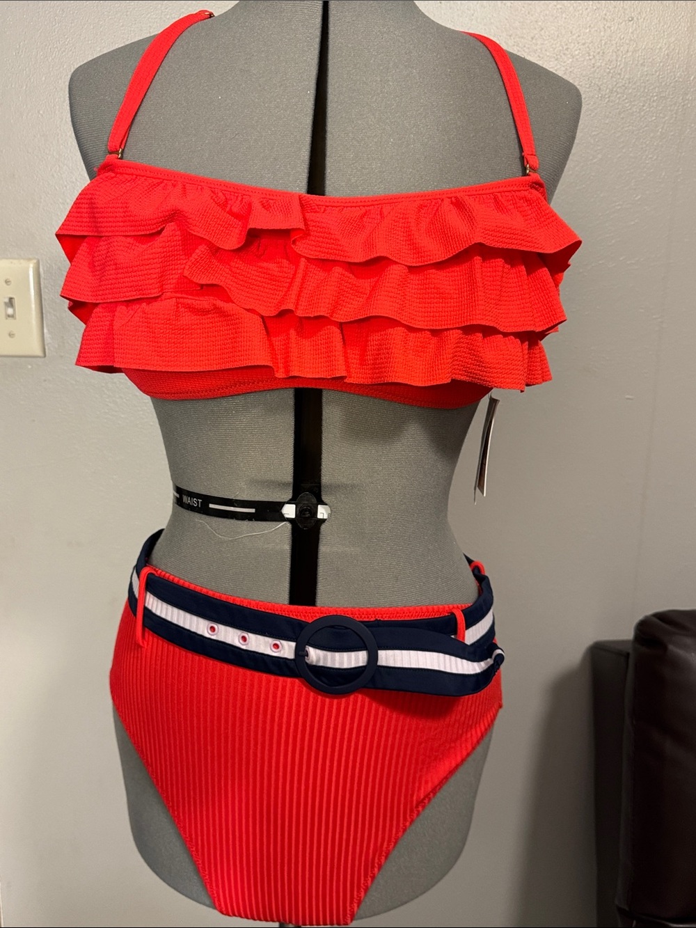 gessica Simpson Xhilaration Red Ruffle Bikini with Navy Stripe Belt
